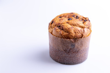 Christmas chocolate cake panettone on white background, soft light, angle view, also know as chocotone panetone, copy space