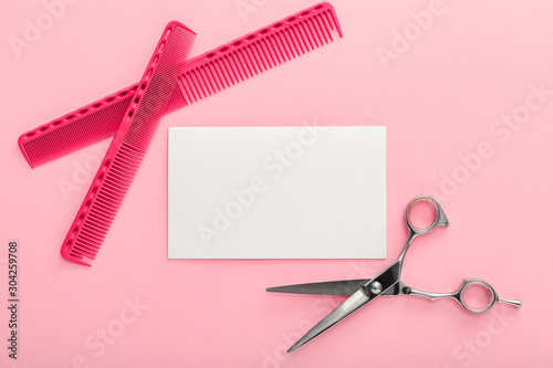 Download Hairdresser Scissors Combs And Other Hairdresser Accessories And Strand Of Blonde Hair On Pink Background Mockup For Gift Card Flat Lay With Space For Text Hairdresser Service Beauty Salon Service Wall Mural Beton