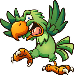 Angry cartoon green parrot with open mouth