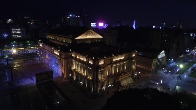 Aerial night view of the Colon theater. Buenos Aires, Argentina.