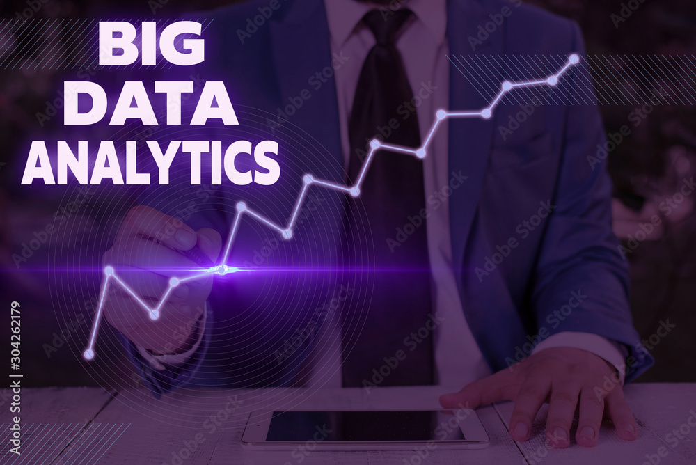 Poster writing note showing big data analytics. business concept for the process of examining large and var
