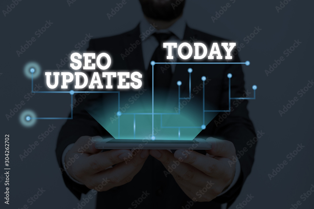 Poster conceptual hand writing showing seo updates. concept meaning new information or design in search eng