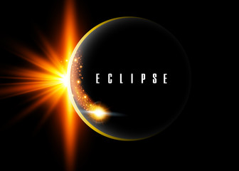 Vector dark abstract background with a solar eclipse. Black open space with a star shining from behind a planet, igniting its horizon. Round black placeholder for your text.