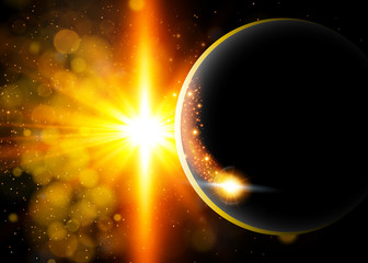 Vector dark abstract background with a solar eclipse. Black open space with a star shining from behind a planet, igniting its horizon. Round black placeholder for your text.