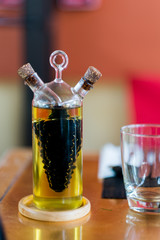 glass bottle of olive oil and vinegar
