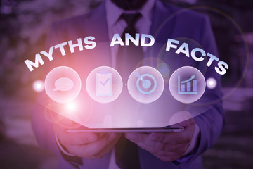 Text sign showing Myths And Facts. Business photo showcasing Oppositive concept about modern and...