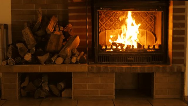 Burning fireplace. Background for the design of New Year's greetings. Christmas.	