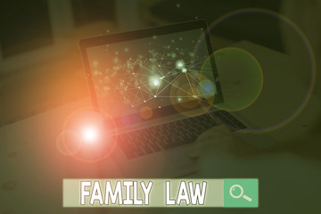 Text sign showing Family Law. Business photo text the branch of law that deals with matters relating to the family