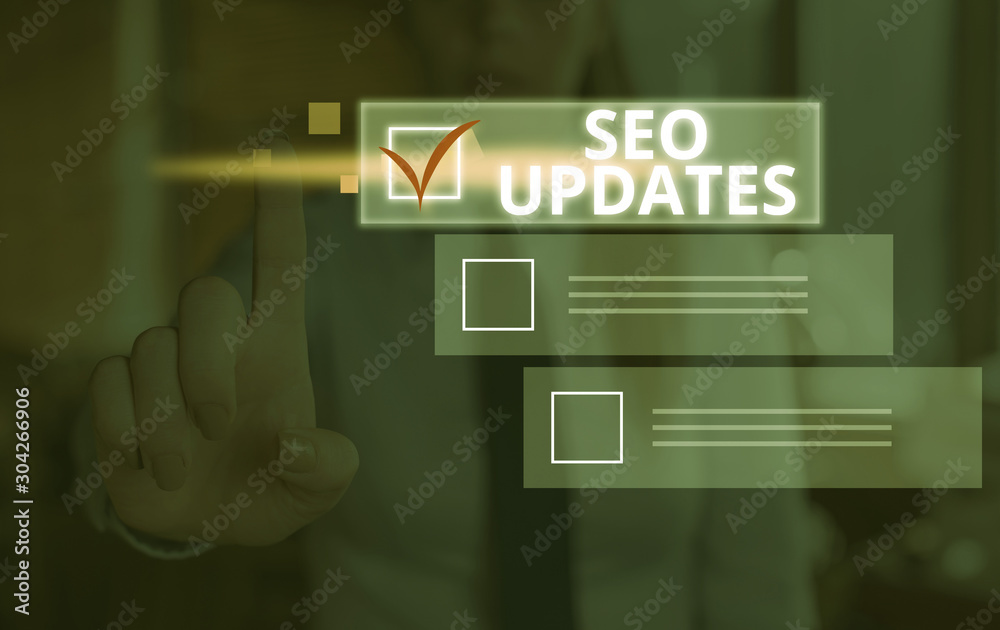 Sticker conceptual hand writing showing seo updates. concept meaning new information or design in search eng