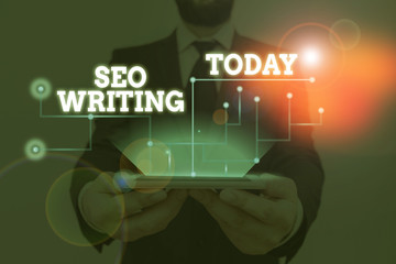 Conceptual hand writing showing Seo Writing. Concept meaning grabbing the attention of the search...