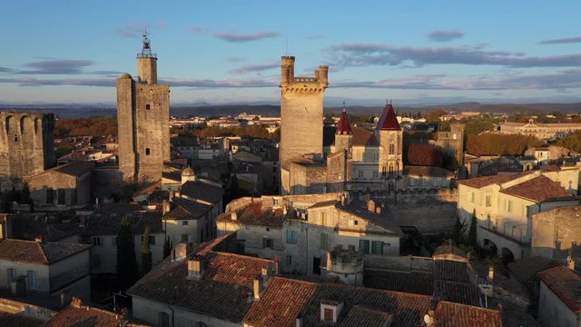 Duchy of Uz&egrave;s aerial drone view sunrise France Gard old historical monument Middle-Ages Renaissance