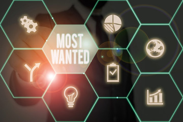 Writing note showing Most Wanted. Business concept for listing of the names of demonstratings who are urgently being sought