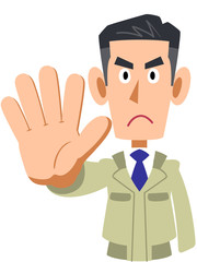 制止する作業着を着た男性の上半身