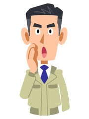 呼びかける作業着を着た男性の上半身