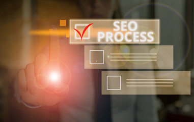 Conceptual hand writing showing Seo Process. Concept meaning steps of increasing the quality and...
