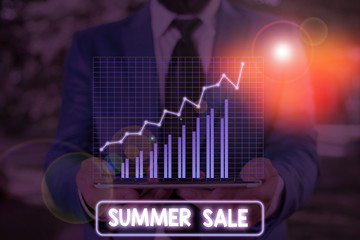 Conceptual hand writing showing Summer Sale. Concept meaning time when a store sells products at...