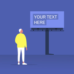 Your text here mockup, outdoor advertising, young male character looking at the large billboard construction
