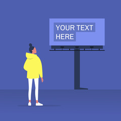 Your text here mockup, outdoor advertising, young female character looking at the large billboard construction