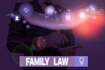 Text sign showing Family Law. Business photo text the branch of law that deals with matters relating to the family