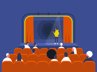 Entertainment and culture, Stand up comedy show, Young female artist performing on stage and Audience sitting in a vintage theatre with old fashion interior