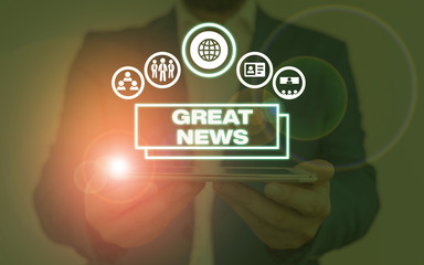 Writing note showing Great News. Business concept for someone or something that is positive encouraging and uplifting