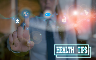 Writing note showing Health Tips. Business concept for beneficial to one s is physical mental or emotional state