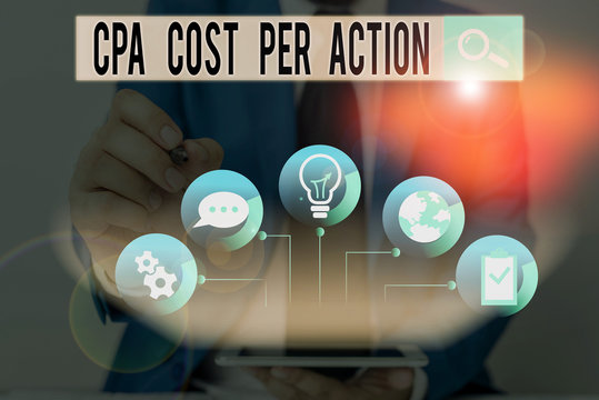 Word writing text Cpa Cost Per Action. Business photo showcasing Commission paid when user Clicks on an Affiliate Link