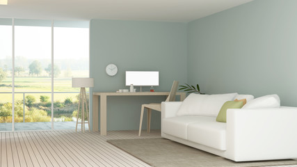The interior minimal work space 3d rendering and nature view background	