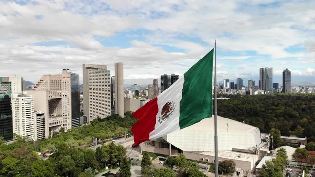 Aerial view of the Monumental Flag in Campo Marte waving. Drone hovering with views of the skyline of Polanco