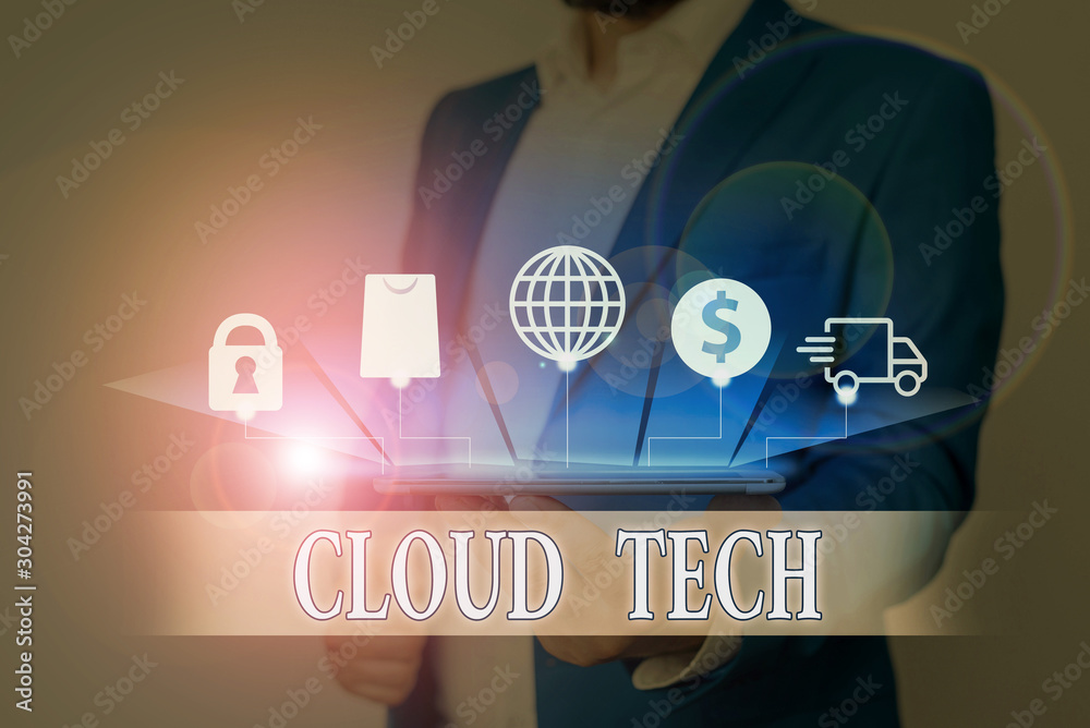 Poster text sign showing cloud tech. business photo showcasing storing and accessing data and programs over