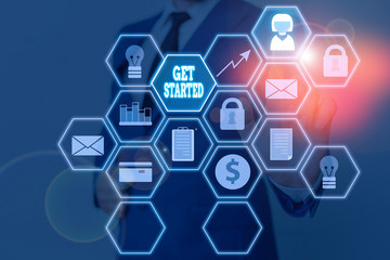 Handwriting text Get Started. Conceptual photo Begin an important period in one s is life or career Begin a task