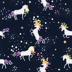 Seamless pattern with space unicorns. Vector graphics.