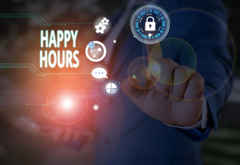 Text sign showing Happy Hours. Business photo showcasing when drinks are sold at reduced prices in a bar or restaurant