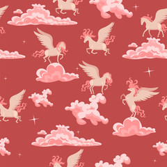 Fototapeta na wymiar Pink seamless pattern with pegasus in the clouds. Vector graphics.