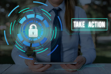 Word writing text Take Action. Business photo showcasing to do something To act in order to get a...
