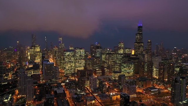 Aerial View of Chicago West Loop at Twilight