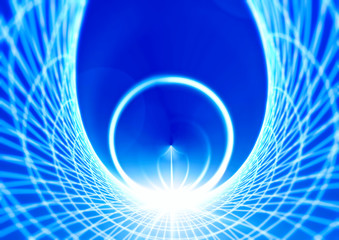 光の輪と幾何学的な青い網目の背景