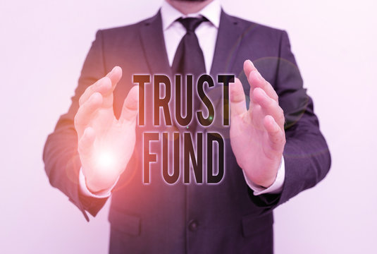 Writing note showing Trust Fund. Business concept for money that is being held by the trustees for the beneficiaries Male human with beard wear formal working suit clothes hand - Powered by Adobe