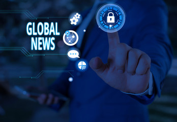 Text sign showing Global News. Business photo showcasing world noteworthy information about recent...