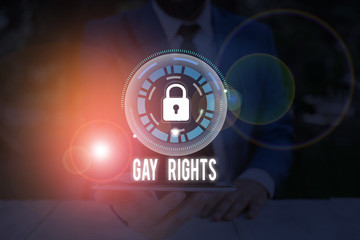 Conceptual hand writing showing Gay Rights. Concept meaning equal civil and social rights for...