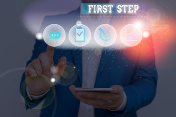 Text sign showing First Step. Business photo text The first of a series of actions Act of starting something