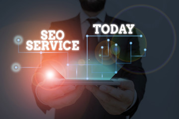 Conceptual hand writing showing Seo Service. Concept meaning suite of techniques and procedures to surge website visibility