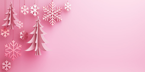 Winter abstract design creative concept, hanging snow icon confetti glitter and pine, spruce, fir tree art paper cut, on pink  background. Copy space text area. 3D rendering illustration.