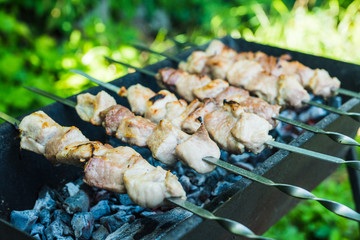Meat grilling on the brazier. Selective focus.