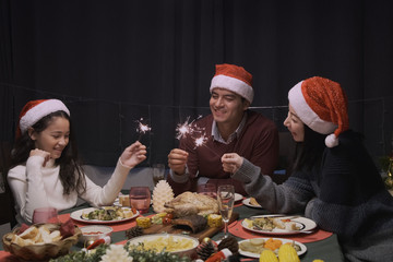 happy family party and play sparkle fire to celebrate on christmas dinner in dining room that decorated with christmas tree for christmas festival day, happy family holiday concept