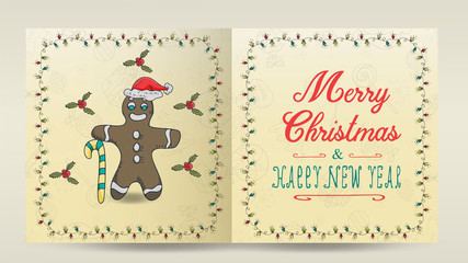 layout of 3 Christmas and new year cards for the design of the print design in the style of childrens Doodle in a frame of garlands divided into two halves with a congratulatory inscription gingerbrea