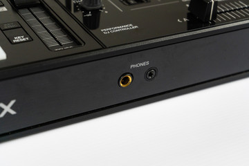 Obraz premium Cable to connect professional DJ midi controller to audio mixer.Concert equipment for home party.Disc jockey technology to mix digital music tracks.RCA audio cables