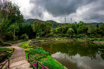 Fototapeta premium Landmark tourist attractions in Chiang Mai,Thailand(Royal Agricultural Station Inthanon),beautiful garden decoration, with a variety of flowers,for tourists to take picture according to the tourist