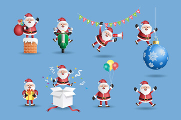 Paper art style of Santa Claus set with different actions, flat-style vector illustration.