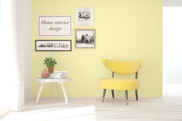 Stylish room in white color with yellow armchair. Scandinavian interior design. 3D illustration